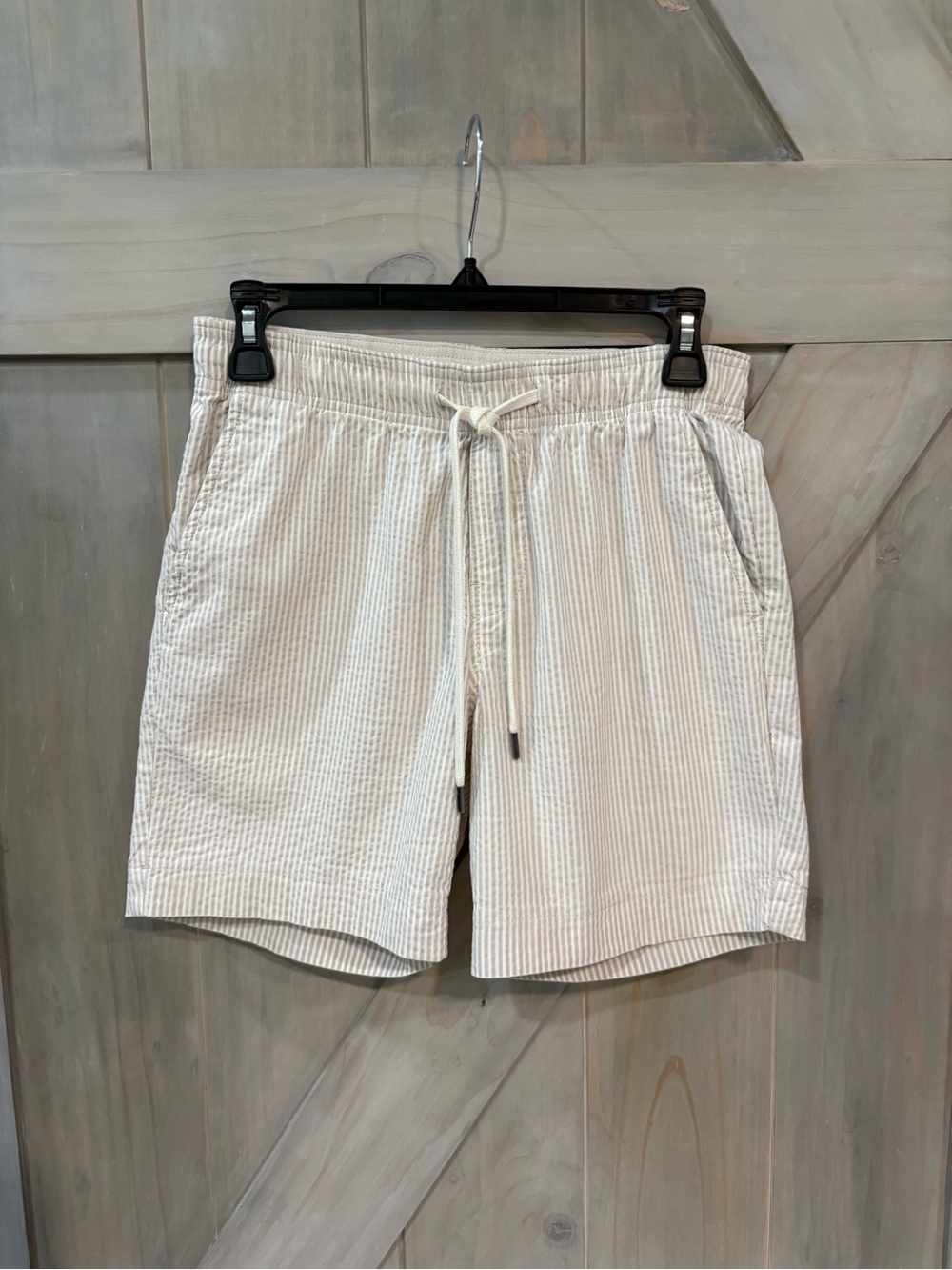 Express Men’s Tan and White Seersucker Shorts